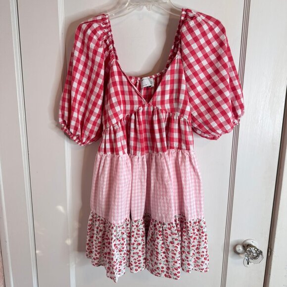 ASOS Design Pink Red Gingham Floral Tiered Summer Short Dress sz 0 - Picture 1 of 7